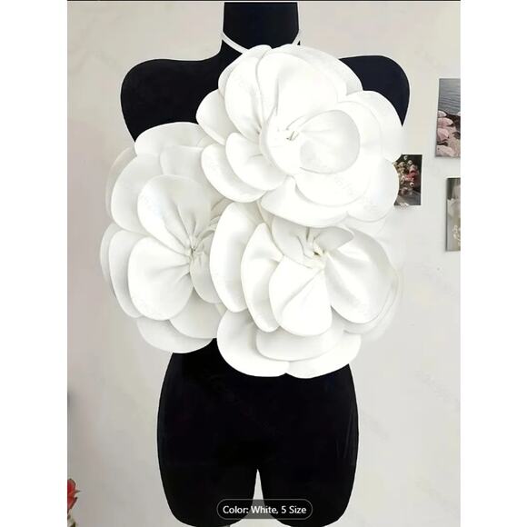 White Oversized 3D Flower Halter Crop Top – Elegant Statement Party & Festival - Picture 3 of 5